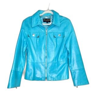 St Johhn Marie Gray Turquoise Soft Leather Short Jacket Medium